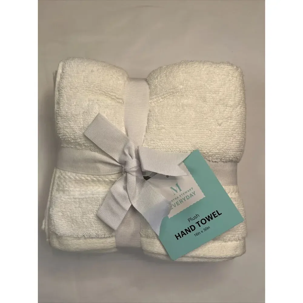 Martha Stewart Plush Hand Towels Everyday White 16x30 Inch Cotton Set of 2